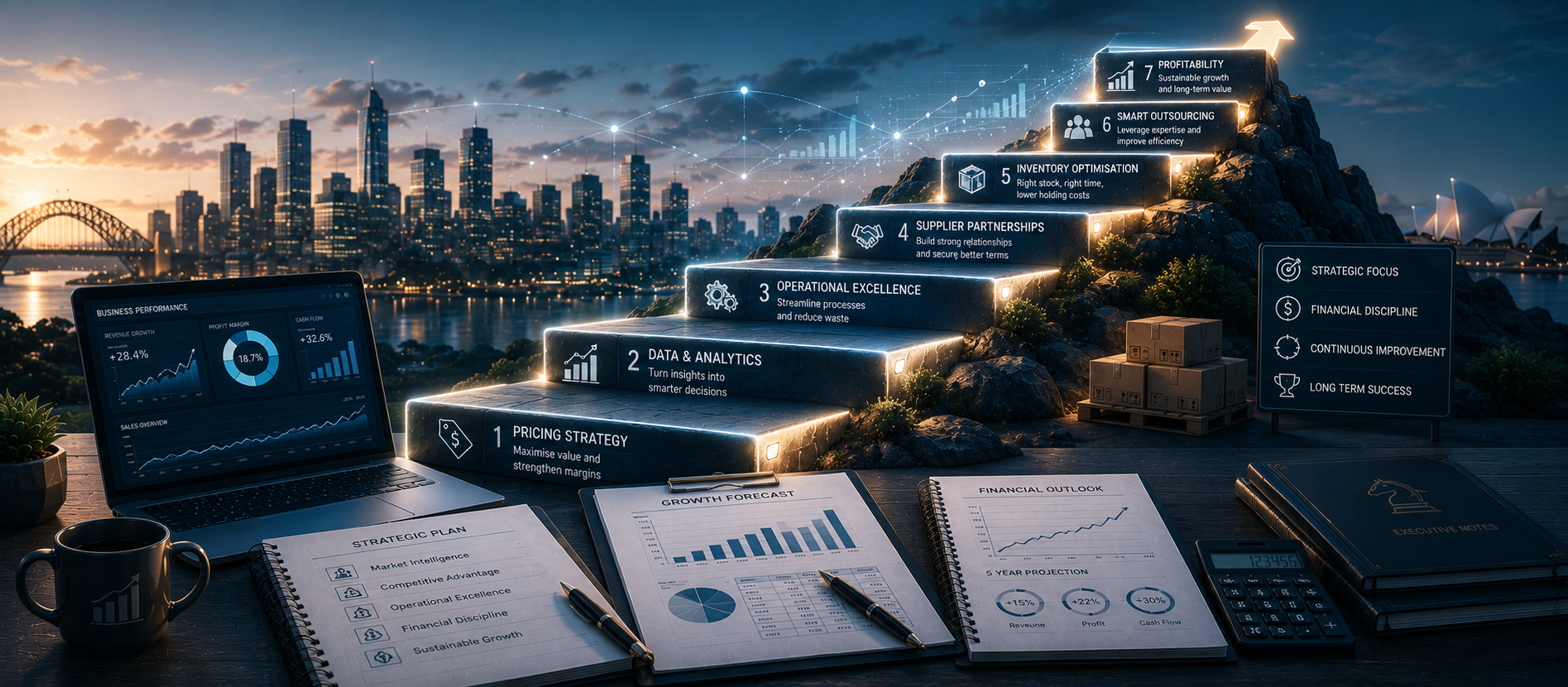 Business owner reviewing growth strategies, financial performance and business planning